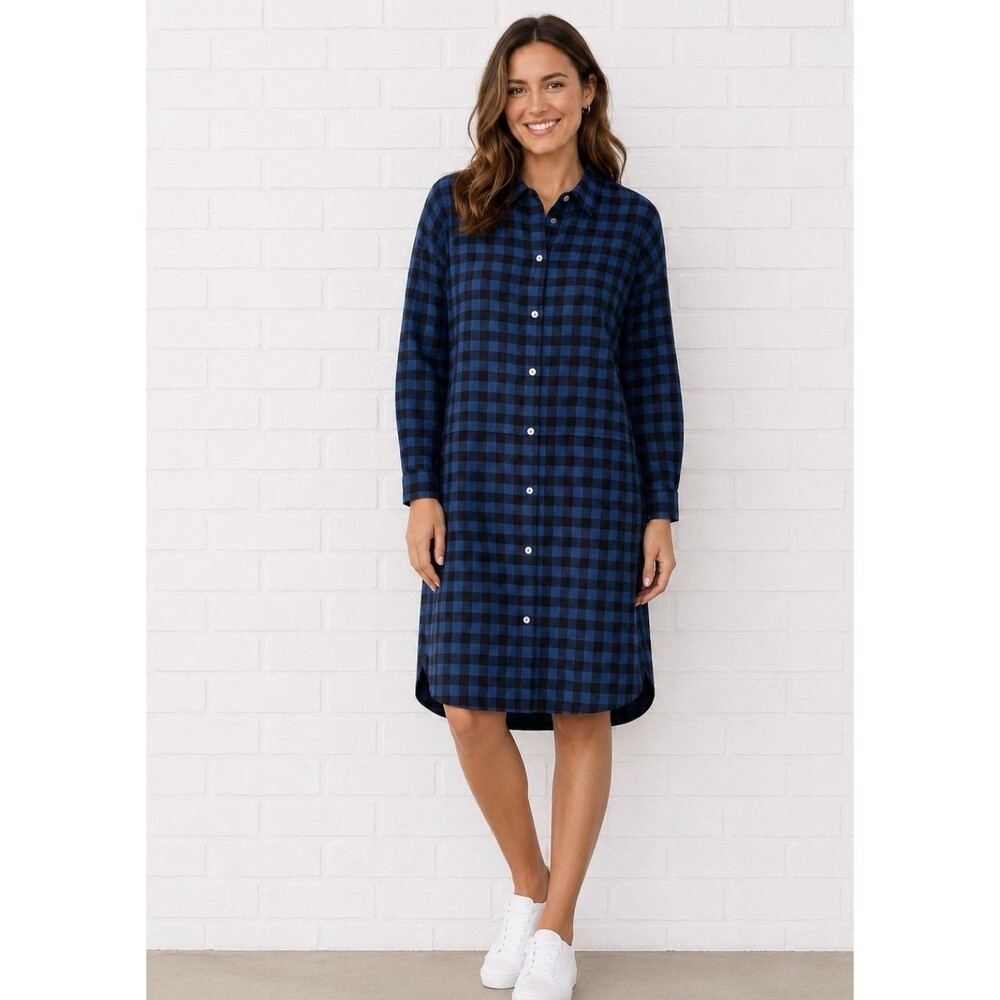 J. Jill  Black Blue Buffalo Check Rayon Shirt Dress Medium